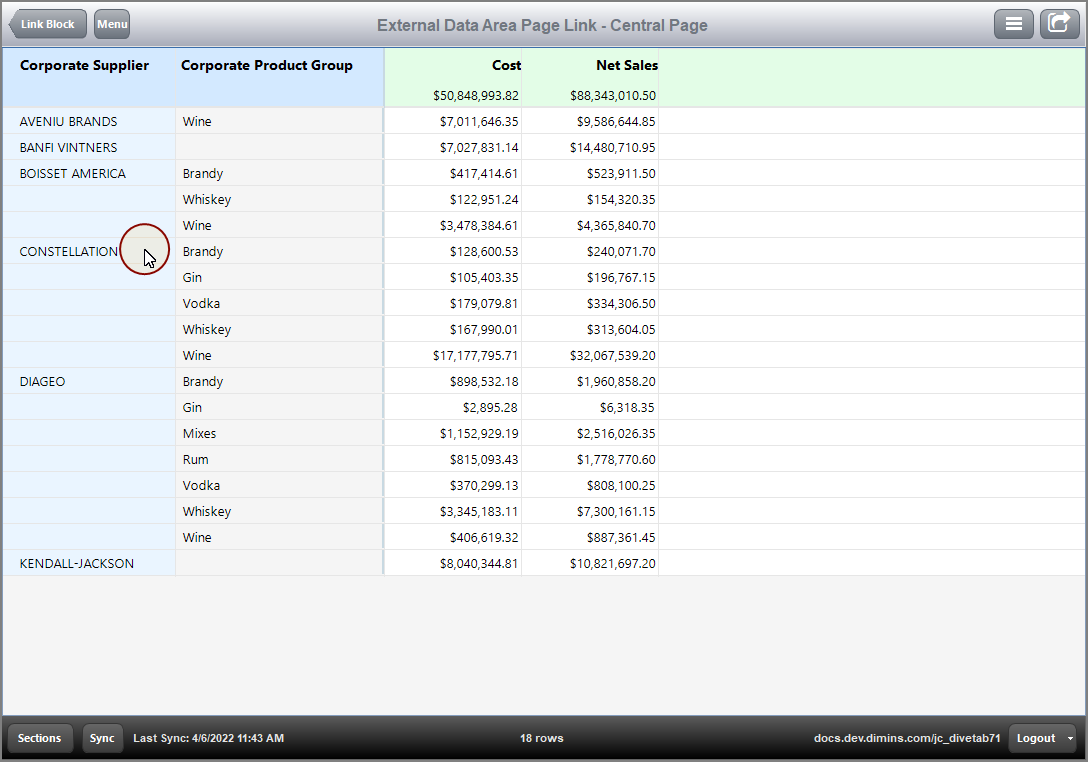 Example of a report page with a link to an external data area central page.