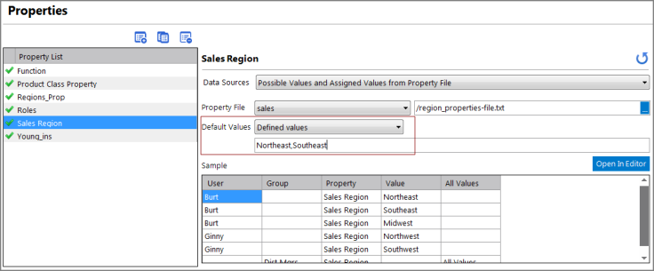 Properties Default Defined Values